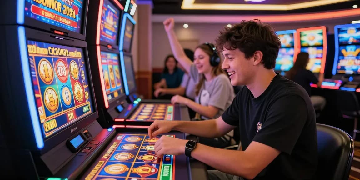 Engaged player enjoying cocomaya bonus buy slots in a lively casino atmosphere with colorful graphics and excitement.