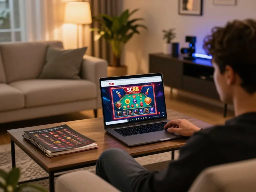 Engaging online gaming scene showcasing SC88 nhà cái with a person focused on the laptop in a cozy atmosphere.