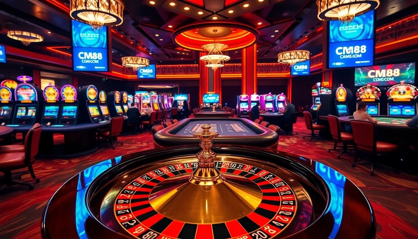 Experience the excitement of CM88 COM with vibrant casino tables and illuminated gaming machines.