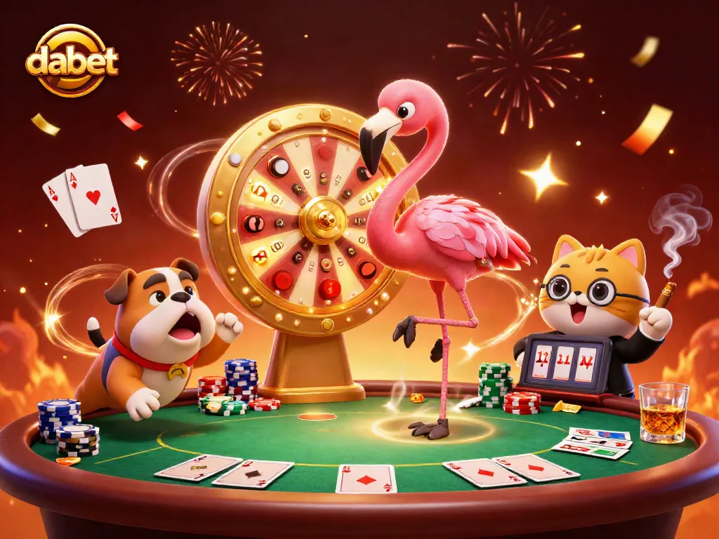 Engage with dabet's vibrant casino scene featuring characters in action around a poker table.