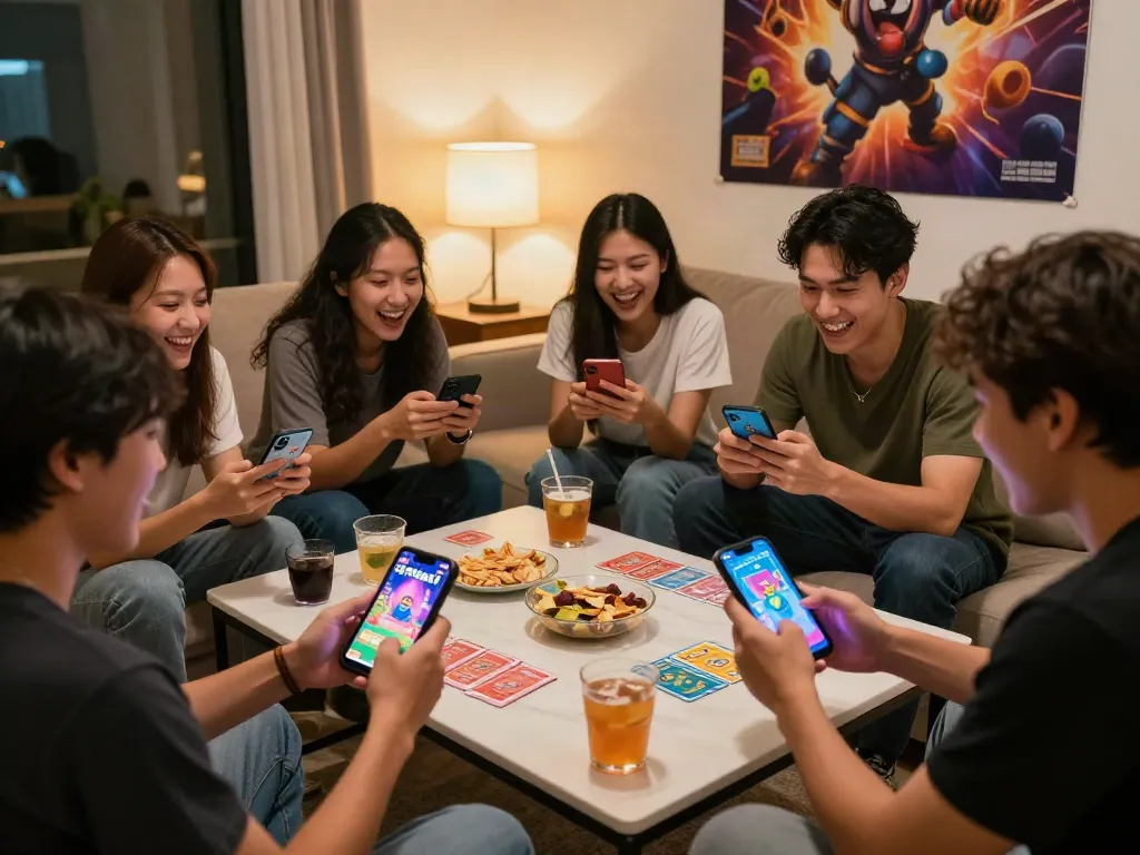 Friends enjoying the card game 3 Patti no1 on smartphones in a cozy living room.