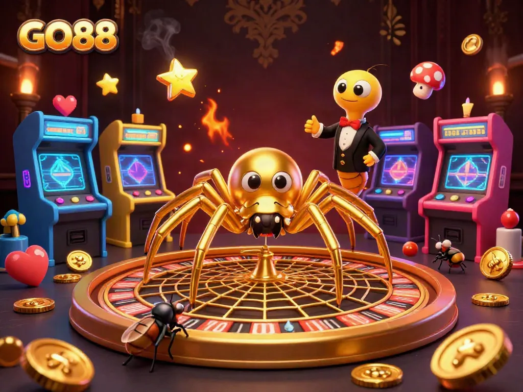 Place strategic bets at GO88's roulette wheel in a vibrant casino-themed scene.