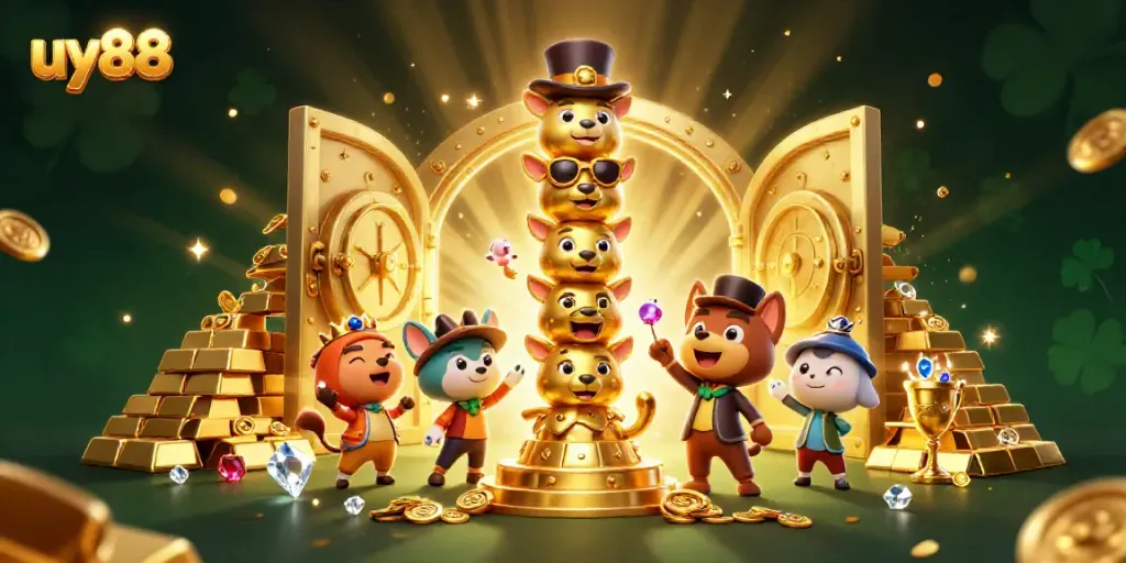Experience the fun of uy88 with a vibrant 3D totem and glowing treasures in a lively casino atmosphere.