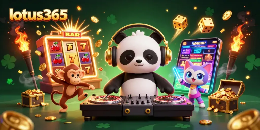 Experience thrilling gaming with lotus365 featuring a DJ panda, dancing monkey, and a glow-stick kitten in an exciting casino scene.