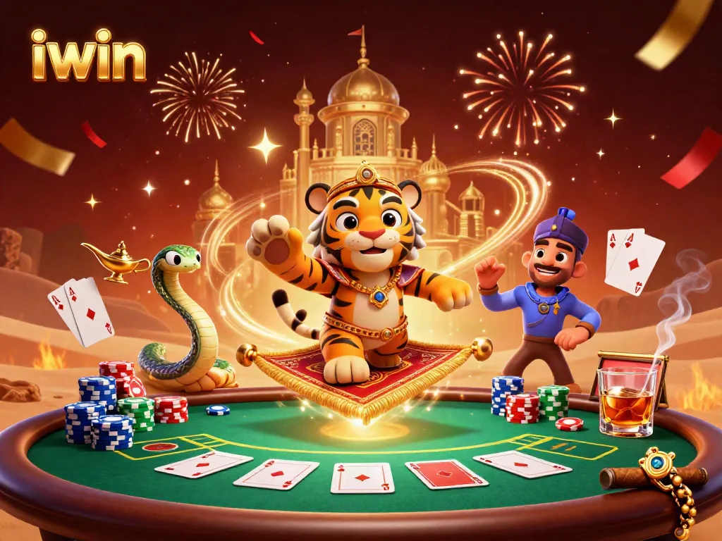 Iwin players celebrate winning big with poker chips while enjoying a dynamic Arabian Nights-themed casino scene.