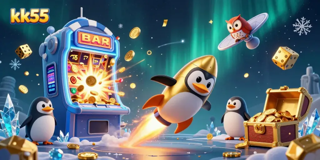 Experience thrilling gameplay with kk55, featuring a golden penguin and jackpot elements in a dazzling casino scene.