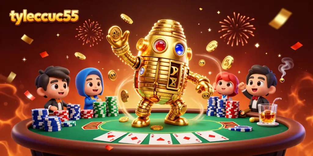 Experience the dynamic gambling scene with tylecacuoc55’s golden golem surrounded by poker elements and festive confetti.