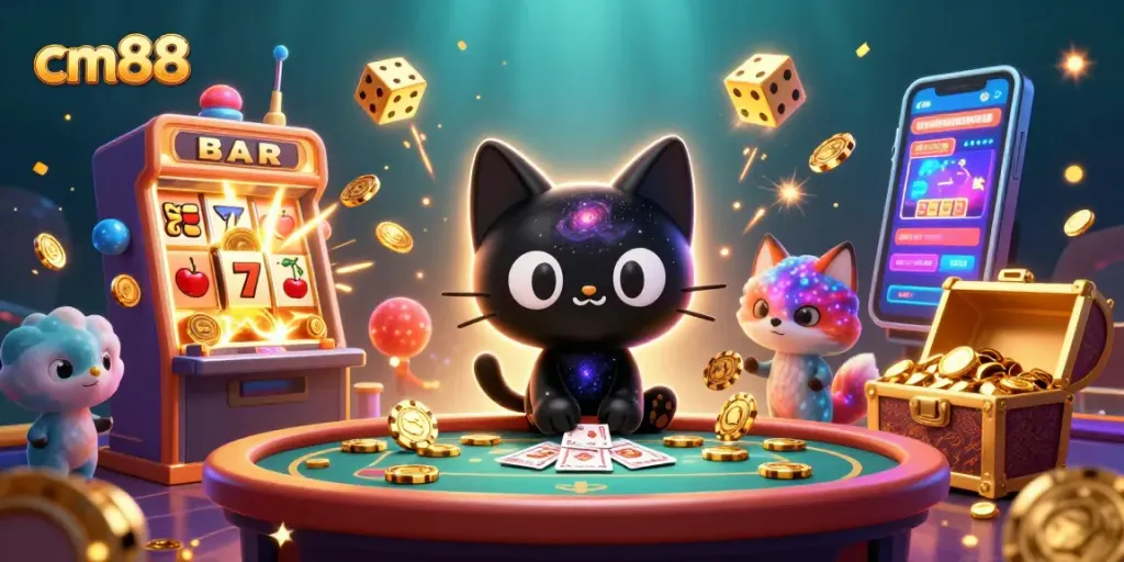 Engage in exciting gameplay at cm88 with a vibrant casino scene featuring a cosmic cat and fox.