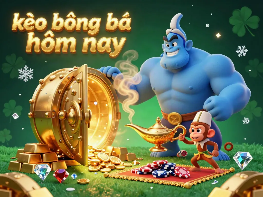 Experience the thrill of kèo bóng đá hôm nay with an exciting 3D illustration featuring a genie, monkey, and poker chips.