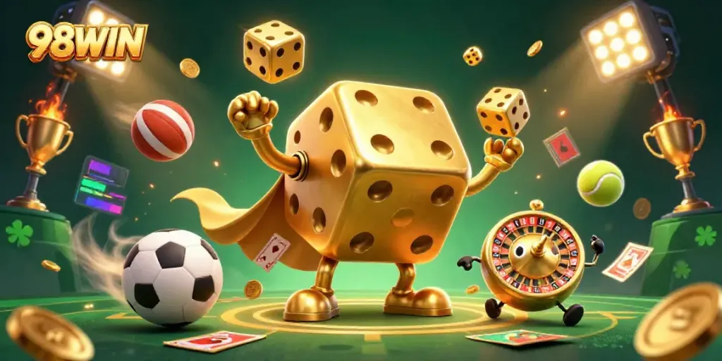 Experience the excitement at 98WIN with a dynamic 3D casino-themed illustration featuring golden dice, sports elements, and vibrant visuals.