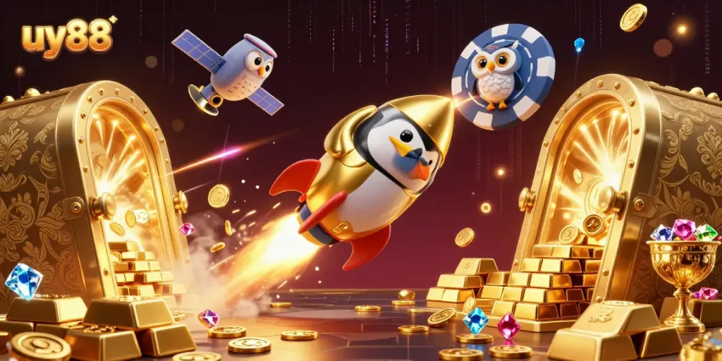 Experience the thrill at uy88 with a golden penguin and vibrant casino elements in a dynamic 3D illustration.