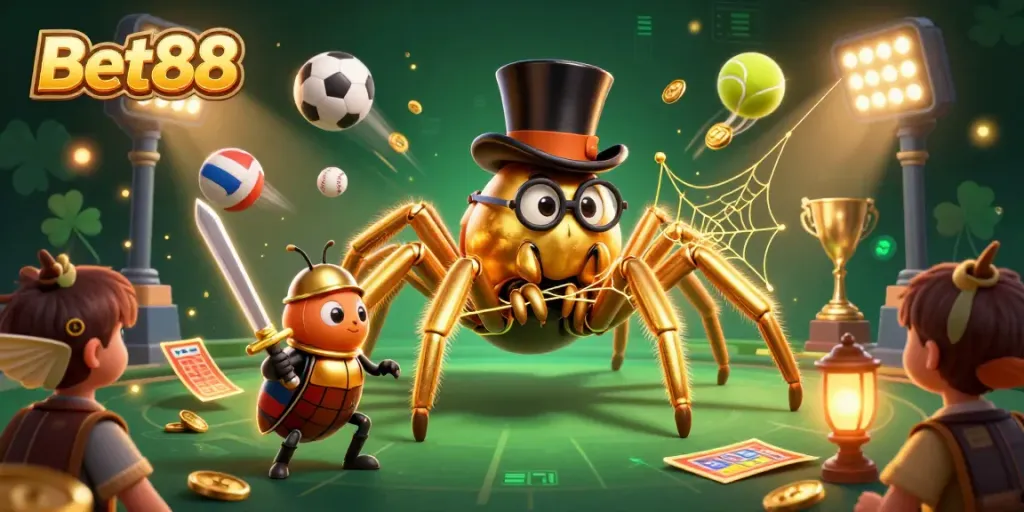 Witness Bet88's vibrant casino scene with a golden tarantula, adventurous beetle knight, and exciting sports elements.
