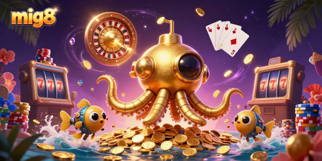 Experience the excitement at mig8 as the golden kraken submarine navigates through shining coins and casino elements.