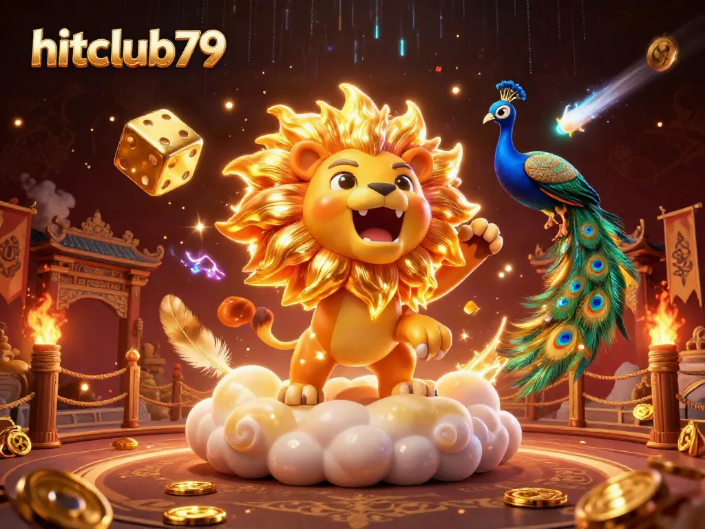 Hitclub79 showcases thrilling gameplay with a lion and team of vibrant, dynamic characters amidst a lively casino atmosphere.