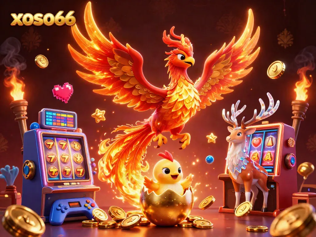 Experience thrilling gameplay with xoso66 featuring phoenixes and slot machines in a vibrant 3D illustration.