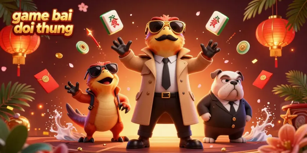 A colorful scene illustrating game bai doi thuong with cartoon raptors artfully entering a casino.