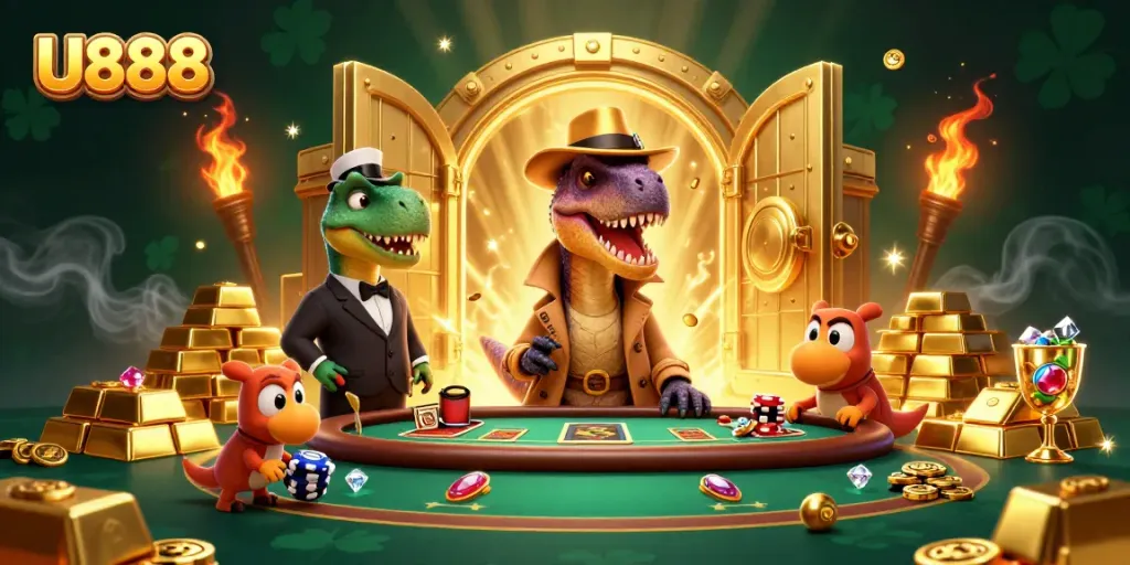 U888 casino scene featuring a velociraptor card counter, stegosaurus pit boss, and treasure elements.