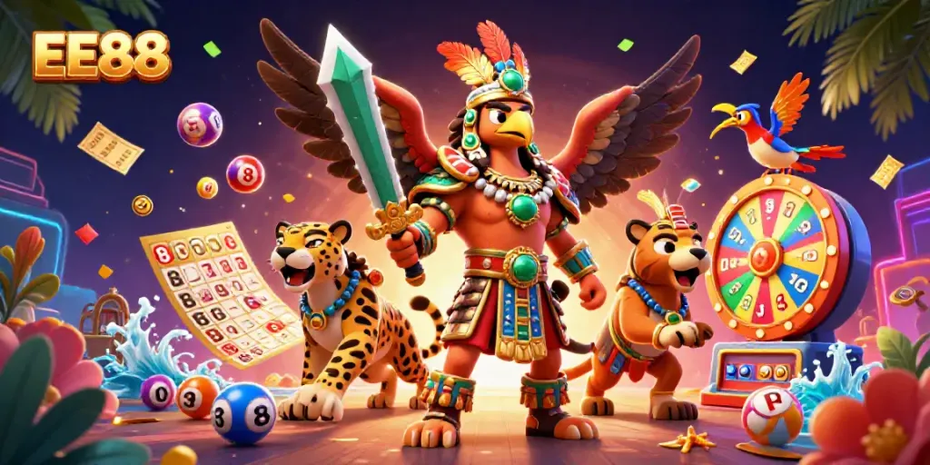 Experience the vibrant world of EE88 with a dynamic casino-themed illustration featuring colorful elements.
