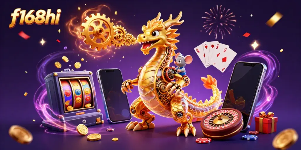 Experience the thrilling f168hi casino adventure featuring a golden dragon and iconic gaming elements.