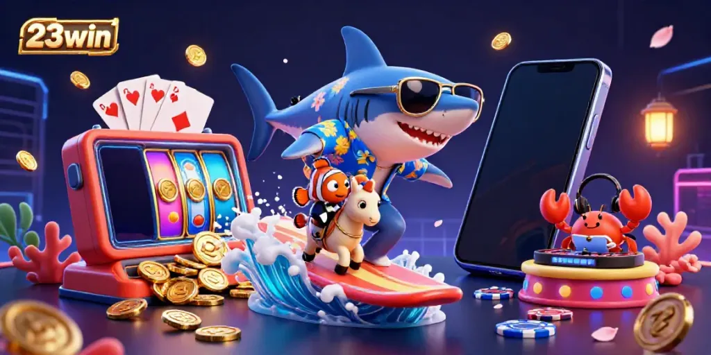 Experience thrilling wins with 23win’s vibrant casino scene featuring playful characters amidst exploding coins.