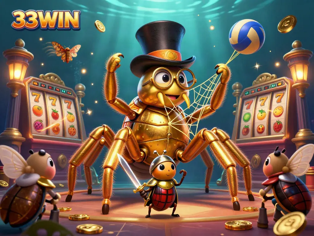 Watch a 33WIN golden tarantula creating a web of excitement in a vibrant casino scene filled with thrilling slot elements.