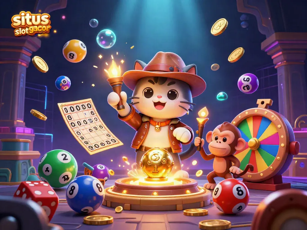 Unleash excitement in situs slot gacor with a cat archaeologist and monkey companion amidst vibrant casino elements.