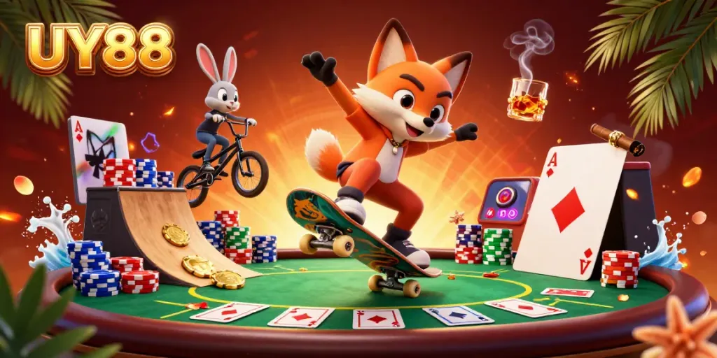 Catch the excitement of UY88 with a vibrant 3D casino scene featuring a skateboarder fox and BMX-riding rabbit.