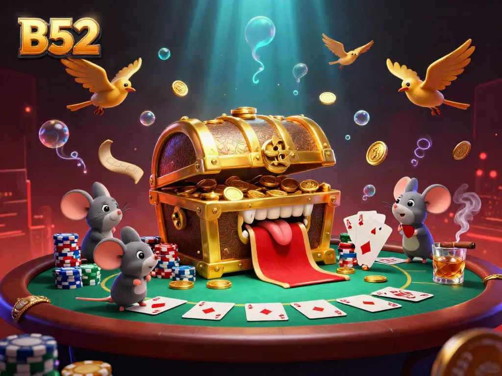 Engaging B52 gambling scene featuring a golden treasure chest and poker elements.