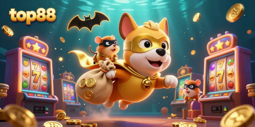 Engage with top88's dynamic gaming world, where a superhero dog and a hamster fly amidst vibrant slot machines.