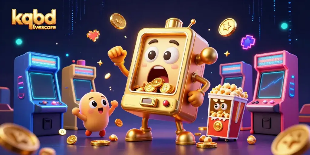 KQBD livescore showcases a vibrant 3D scene with colorful slot machines celebrating a jackpot, highlighting excitement in the gambling world.