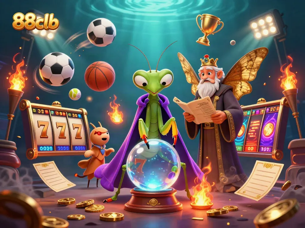 88clb fortune teller scene showcasing slot reels and vibrant gaming elements.