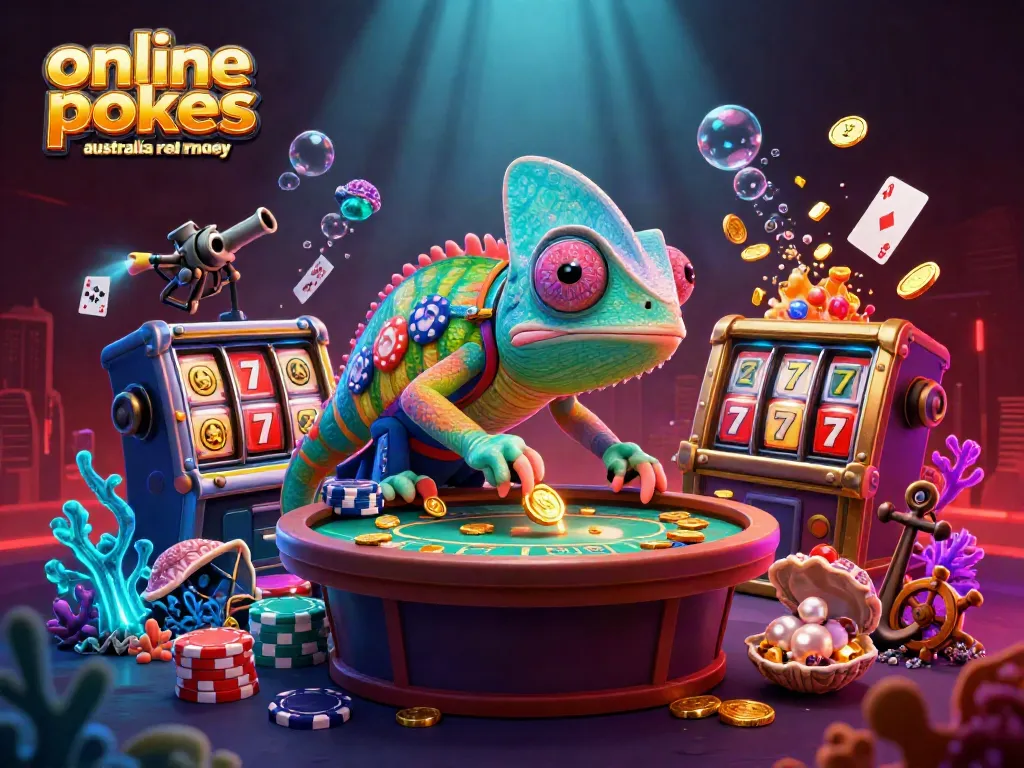 Experience thrilling gameplay with online pokies Australia real money, colorful chameleon, and spinning reels.