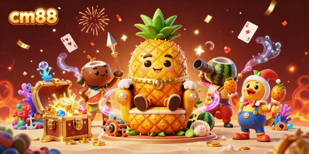 Engage in vibrant gameplay with cm88 featuring a golden pineapple king surrounded by treasures and lush elements.