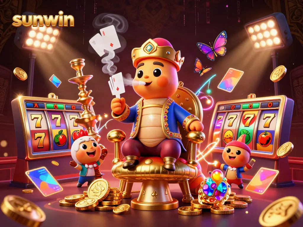 Experience sunwin's thrilling gaming with a colorful 3D depiction of a lavish casino scene.