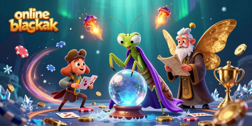 Experience thrilling online blackjack vibes with a mystical fortune teller and wise librarian surrounded by casino elements.