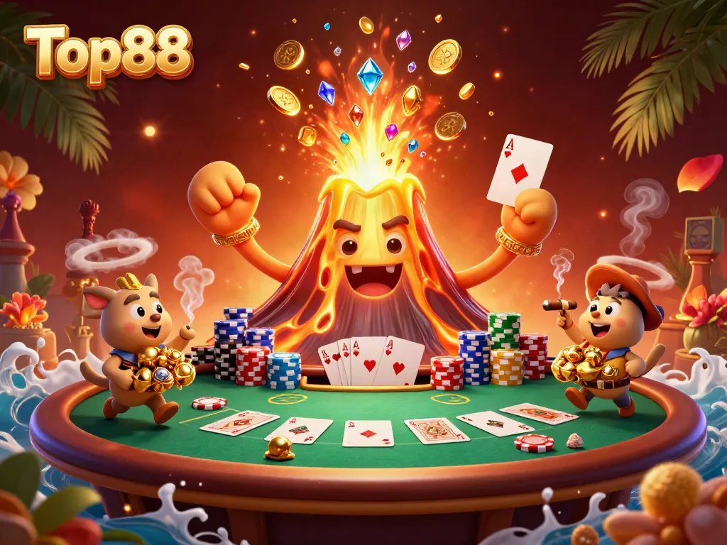 Join the excitement at Top88 with a dynamic illustration showcasing thrilling poker elements and treasure!