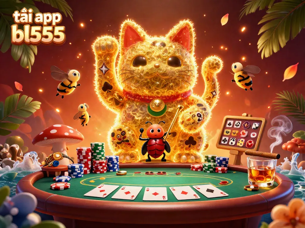 Engaging illustration of golden fireflies forming a lucky cat shape, highlighting the call to tải app bl555 and vibrant poker elements.