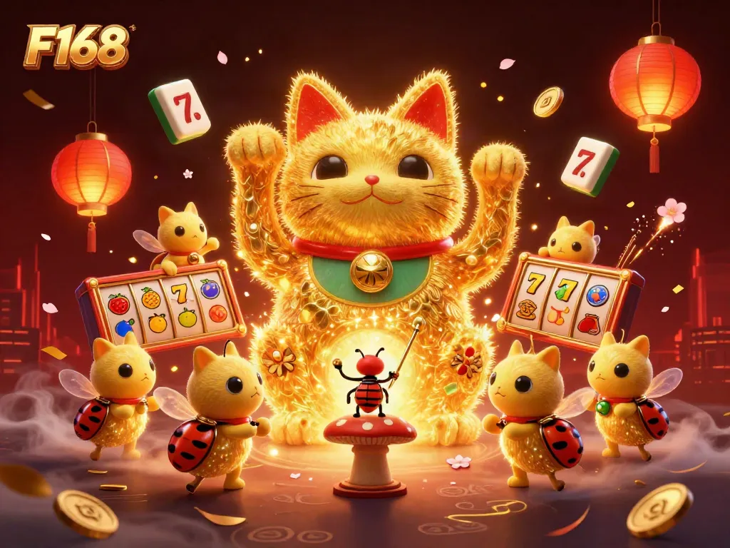 Engage with F168's colorful 3D lucky cat casino scene filled with slot elements and festive decorations.