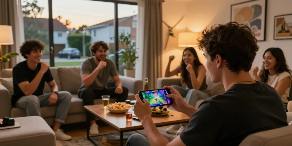 Player enjoying 3 Patti No1 on a smartphone with friends in a cozy living room.