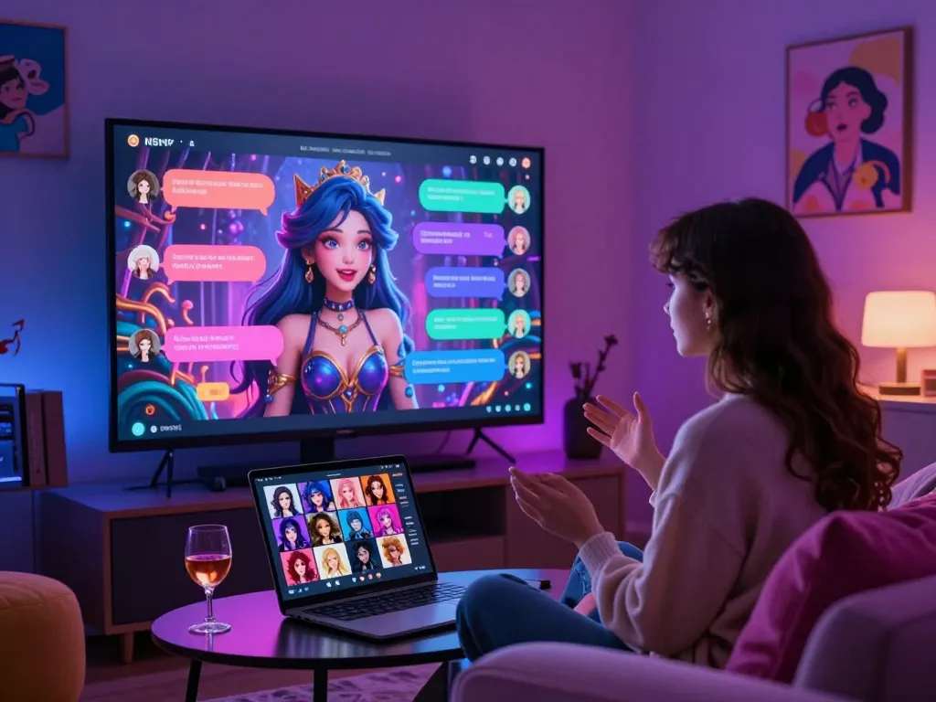 Engaging user interacting with ai nsfw chat in cozy neon-lit room, showcasing vibrant dialogue bubbles and character avatars.