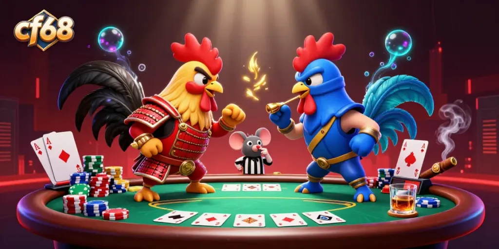 Engage in thrilling poker action with cf68 as fighting roosters face off in a vibrant casino atmosphere.
