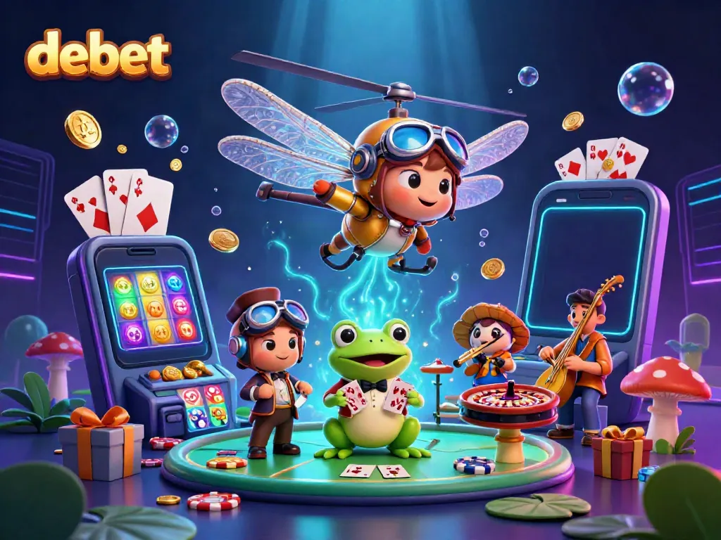 Experience thrilling gameplay at Debet's lively casino scene with a frog croupier and cartoon characters.