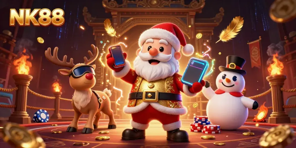 Win big at NK88 with Santa and his casino crew surrounded by jackpot symbols and festive elements.