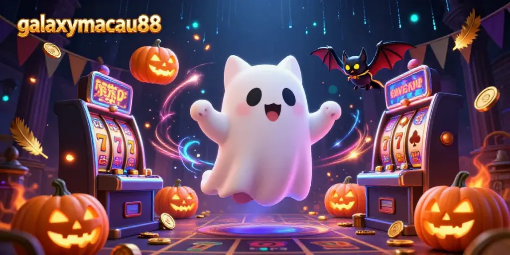Experience thrilling gaming with galaxymacau88's friendly ghost cat and bat in a vibrant casino scene.