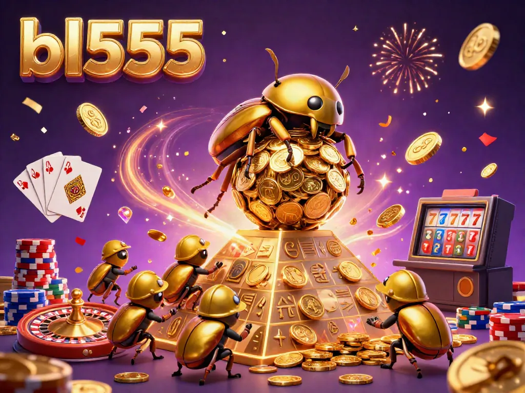 Experience the excitement of bl555 casino games with a vibrant scene filled with golden coins and rolling beetles.