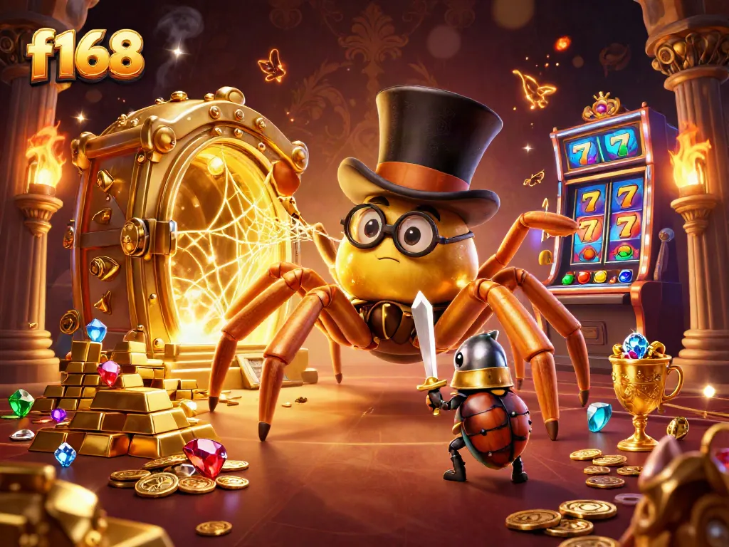 Experience the thrilling world of f168 with a vibrant 3D casino scene featuring a giant tarantula and a knight.