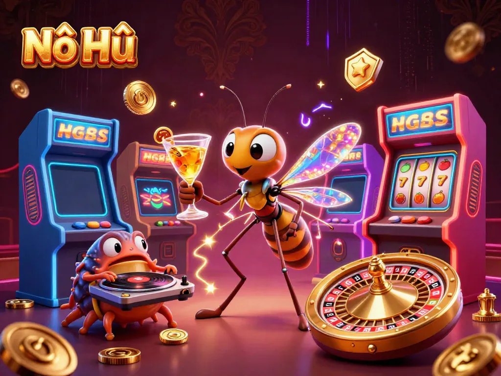 Nổ Hũ gameplay featuring vibrant characters and slot elements in a luxurious casino setting.