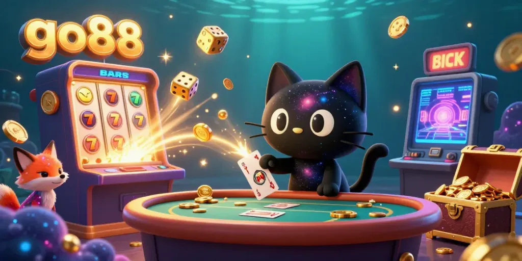 Experience go88's cosmic casino with enchanting characters and vibrant game elements in a 3D illustration.