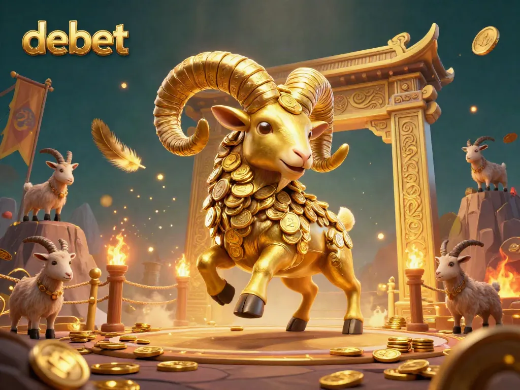 Experience the excitement of debet with a vibrant 3D scene featuring a golden ram charging through a lavish gaming arena.