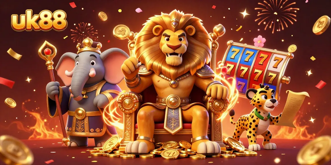 Experience thrilling gameplay at uk88 with a vibrant casino scene featuring roaring lion king and lucky symbols.